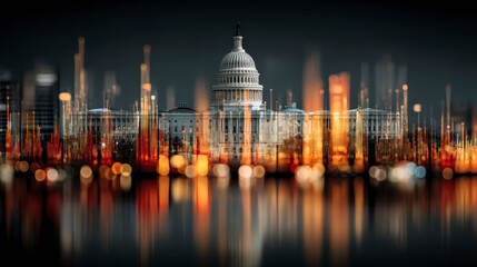 Obraz premium A striking, artistic depiction of the United States Capitol with dynamic, blurred light reflections creating a vivid, surreal cityscape.