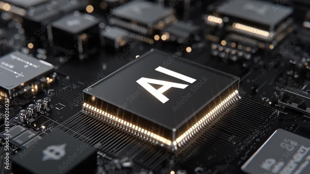 Aufkleber close-up view of a circuit board featuring advanced neurochips and components focused on artificial 