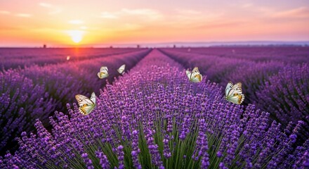 Naklejka premium White butterflies fluttering over a beautiful purple lavender field at sunset.