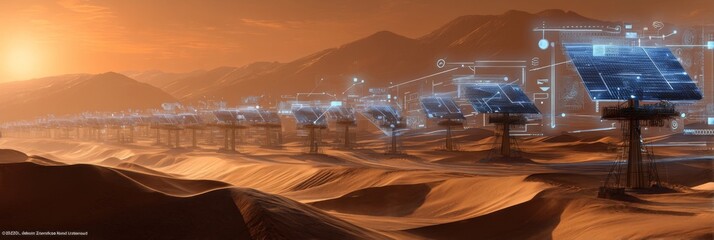 Futuristic Solar Farm in Desert Landscape with High-Tech Features and Conceptual Data Overlay Displaying Renewable Energy Solutions