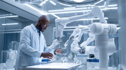 Scientist in uniform working in a robotic ultra-modern scientific or medical laboratory, futuristic research center with robot assistants and equipment, AI generated