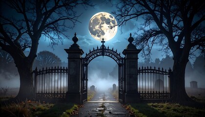 Spooky graveyard archway at night