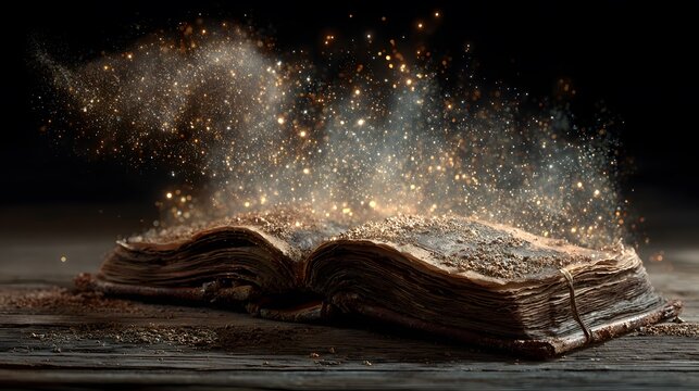 Ancient leather grimoire rests open on a wooden table, its pages of glowing calligraphy releasing luminous golden particles and swirling nebulae.