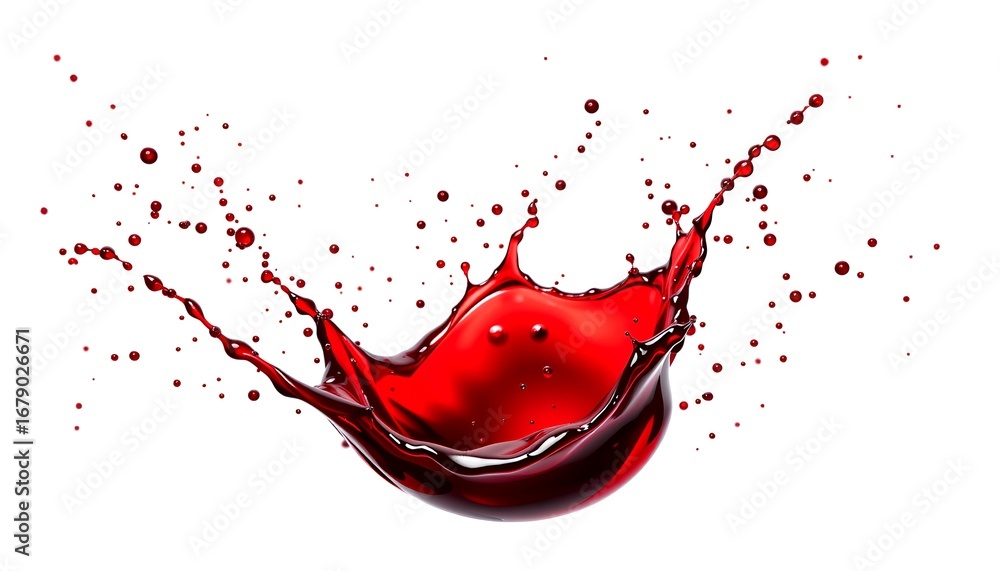 Poster dynamic splash of vibrant red liquid creating an explosion effect. splatters radiate outwards, formi
