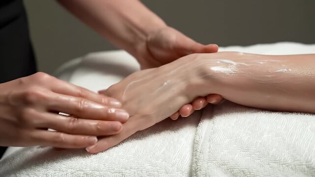 Luxurious Hand Massage with Moisturizing Cream for Wellness and Relaxation on White Towel Background in a Spa Setting to Promote Pampering and Self Care Treatment