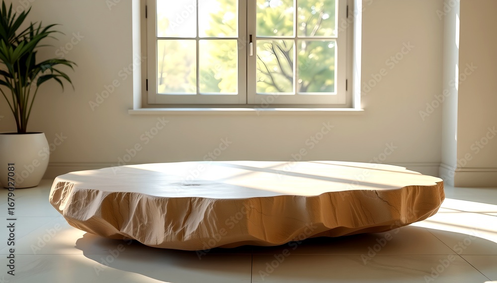 Poster a stylish wooden table with an unique shape. this versatile piece enhances any space, blending aesth