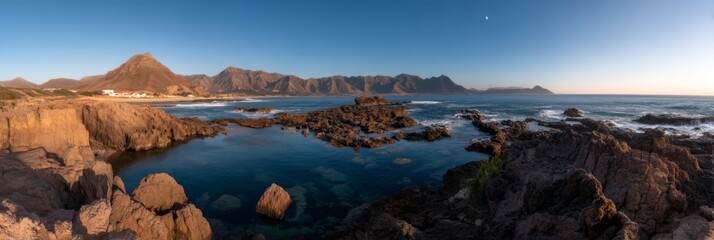 Scenic coastal vista with rocky shorelines and serene water reflecting mountains during golden hour at sunset