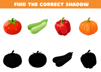 Find correct shadow. Vector illustration of vegetables – tomato, zucchini, bellpepper, pumpkin. Educational puzzle for children. Preschool learning game. Logic and recognition skills.