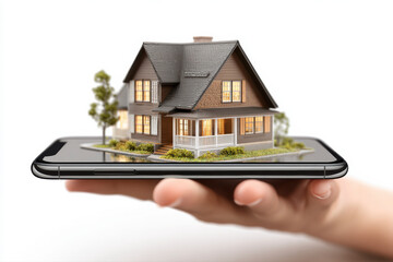 Miniature house displayed on a smartphone screen, held in someone's hand against a plain white backdrop.