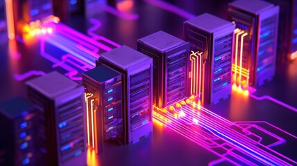 Futuristic data center with glowing servers and vibrant circuitry, showcasing advanced technology and innovation