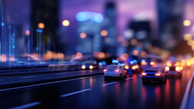 Nighttime cityscape with blurred traffic, glowing lights, and digital data overlay, showcasing urban life