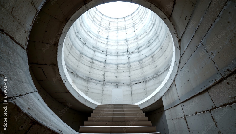 Poster a concrete circular staircase leading towards a bright skylight, creating a striking architectural c