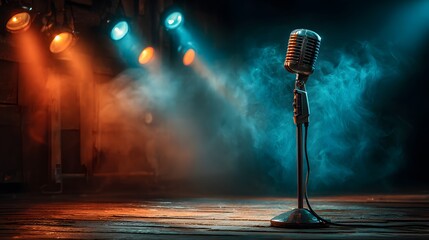 Empty concert stage is filled with atmospheric smoke and illuminated by powerful beams of blue and white spotlights, with a lone microphone stand.