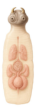 Cestode tapeworm segment with visible reproductive organs and scolex attachment