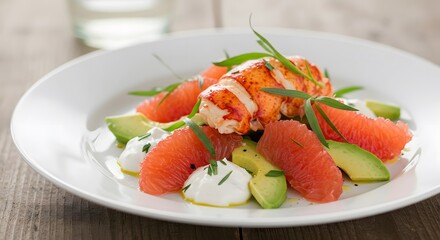 Gourmet Lobster Salad with Ruby Grapefruit and Avocado on White Plate