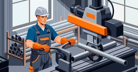 Worker wearing a helmet and gloves cutting metal pipe with an automatic saw in a modern factory. Metalworker using a pipe cutting machine in an industrial factory.