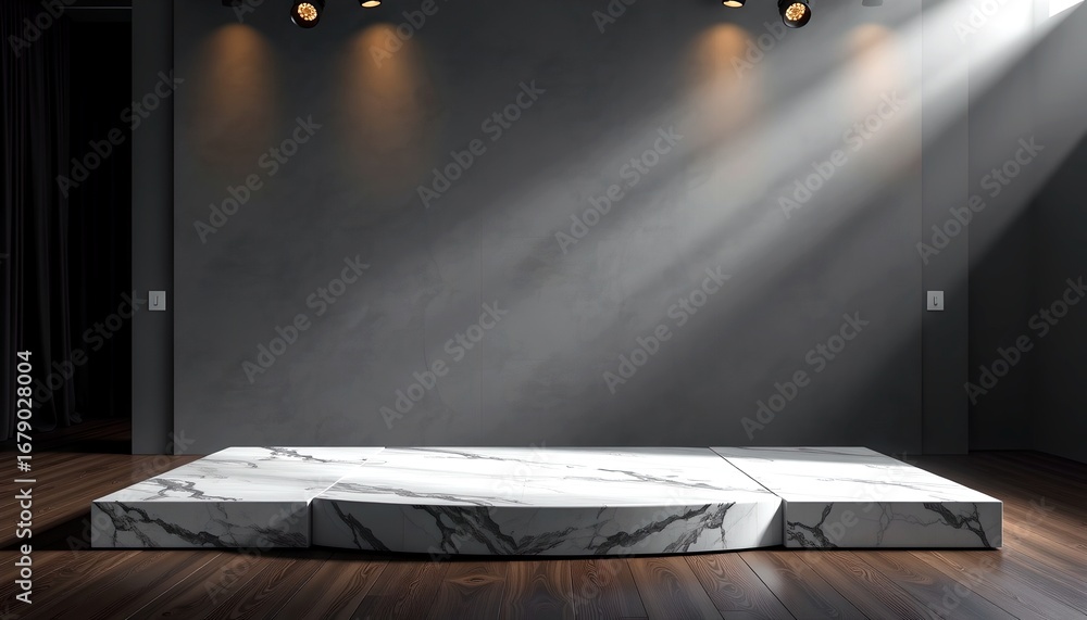 Poster a captivating marble stage illuminated by spotlight. a simple but elegant design with moody lighting
