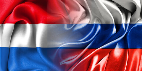 The national flags of Russia and the Netherlands are combined into one and placed side by side on a fluttering cotton background. Flags.