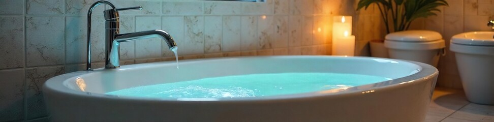 Fototapeta premium Luxurious soaking tub, featuring elegant tiling, a sleek faucet, and soft ambient lighting creates a spa-like atmosphere Perfect for relaxation and self-care , modern, faucet, light