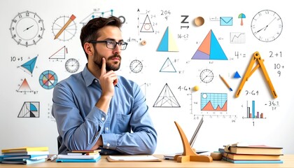 a thoughtful individual surrounded by mathematical and scientific concepts, contemplating complex equations