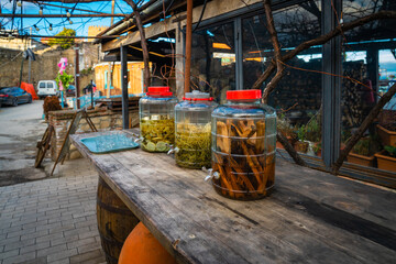 Welcome drink made of different elements kept outside a resturant in Sighnaghi in Georgia
