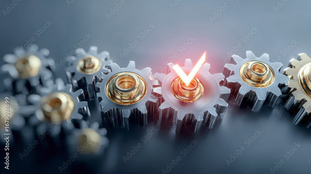 Poster metal gears on a gray surface, one glowing with a neon checkmark symbolizing successful system opera