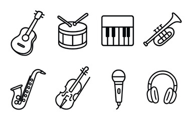 Musical instrument icons: guitar, drum, piano, trumpet, saxophone, violin, microphone, headphones
