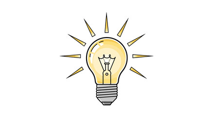 Bright glowing light bulb with radiating rays symbolizing innovation and new ideas
