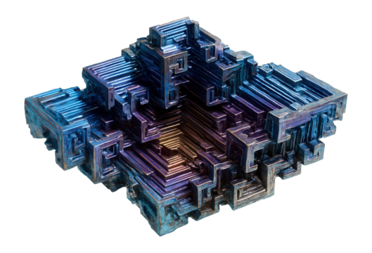 Bismuth crystal with iridescent surface and stepped, hopper-like structure - Powered by Adobe