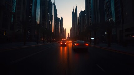 City skyline at dusk with illuminated cars on urban street in modern metropolis with tall buildings