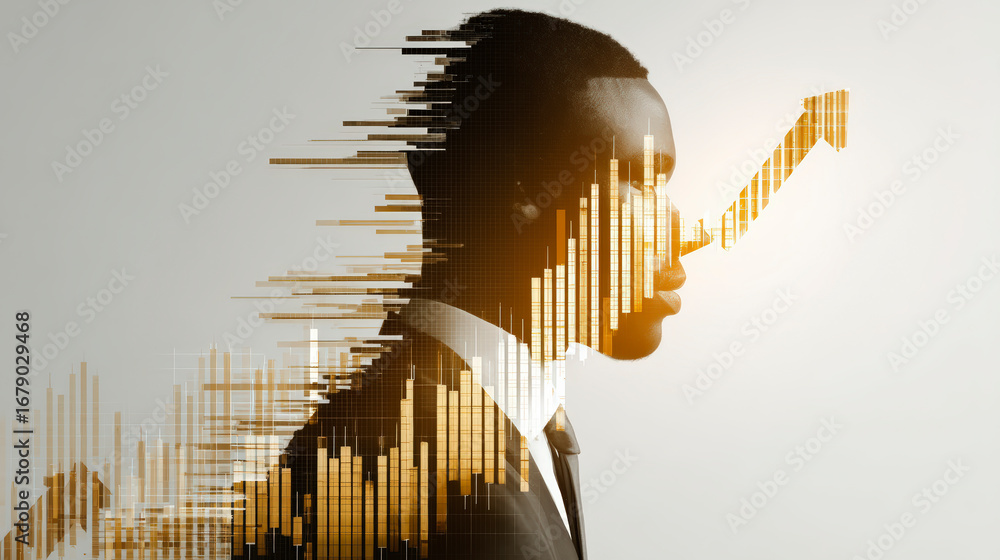 Aufkleber side profile of a man in a suit with a digitally disintegrating effect resembling sound waves, sugge