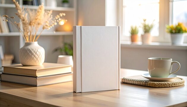 Blank white book standing on wooden table near window with coffee cup and dried flowers creating cozy reading atmosphere in bright morning light.
