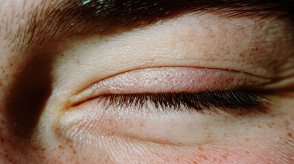 Obraz premium Close-up of a Human Eye with Freckles and Eyelash, Capturing Details of Skin and Hair Follicles