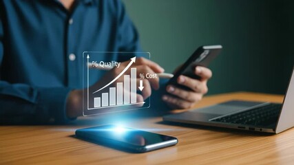 A businessman using smartphone, laptop, and stylus with digital graph for quality and cost analysis, modern technology, data visualization, financial growth, business data analysis, and professional - Powered by Adobe