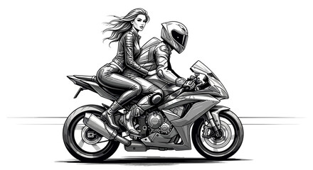 Stylized depiction of a motorcycle ride featuring two figures in monochrome