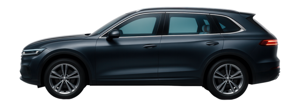 Luxury SUV with quilted leather interior and ambient lighting visible through windows