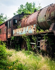 Naklejka premium Tren abandonado, corroido por el paso del tiempo, entre maleza
