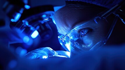 Close-Up of Scientist with Protective Gear Observing Sample Under Bright Microscope Light in Laboratory Setting