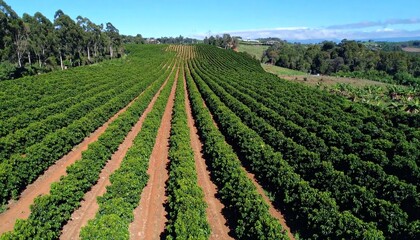 cinematográfico en alta resolución, grabado desde un dron que sobrevuela una extensa plantación de café. La cámara avanza suavemente en un movimiento aéreo fluido, mostrando hileras.