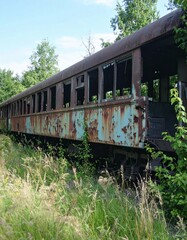 Obraz premium Tren abandonado, corroido por el paso del tiempo, entre maleza