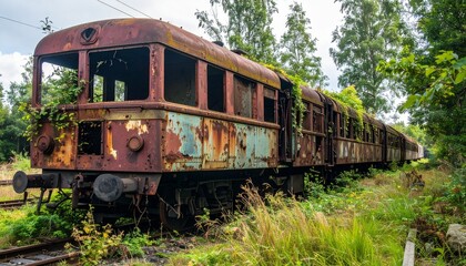 Obraz premium Tren abandonado, corroido por el paso del tiempo, entre maleza