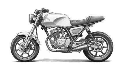 Stylized monochromatic illustration featuring a cafe racer motorcycle