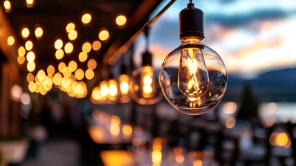 Warm Glowing Bulbs Hang Over Outdoor Patio at Dusk With Blurred Background and Sunset Colors