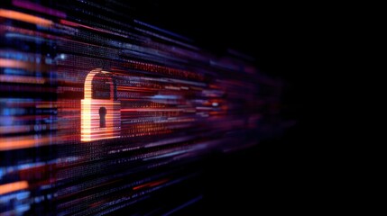 Abstract digital background depicting a secure lock symbol amidst flowing data streams, representing cybersecurity