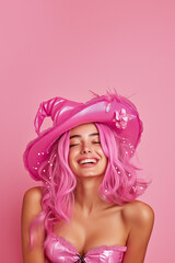 A stunning young, happy woman with pink hair adorned with delicate accessories and a pink hat exudes playful and whimsical charm, with blank space making it perfect for a Halloween card.