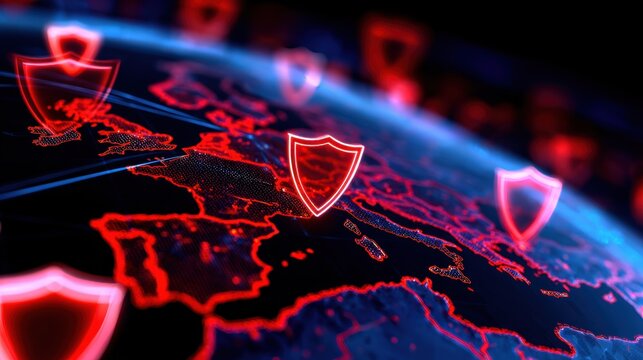 Digital representation of cybersecurity with red shields over a glowing map of Europe, highlighting protection