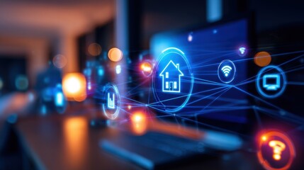 Modern home office with glowing technology icons representing smart home features and connectivity