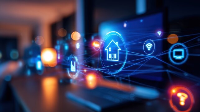 Modern home office with glowing technology icons representing smart home features and connectivity - Powered by Adobe