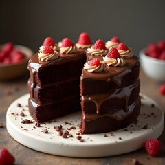 Layered chocolate cake with raspberry as topping	
