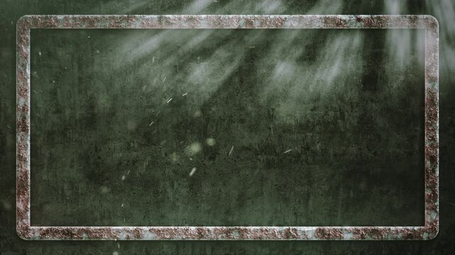 Rectangular Steel Frame with Rust on Dark Green Textured Background with Light